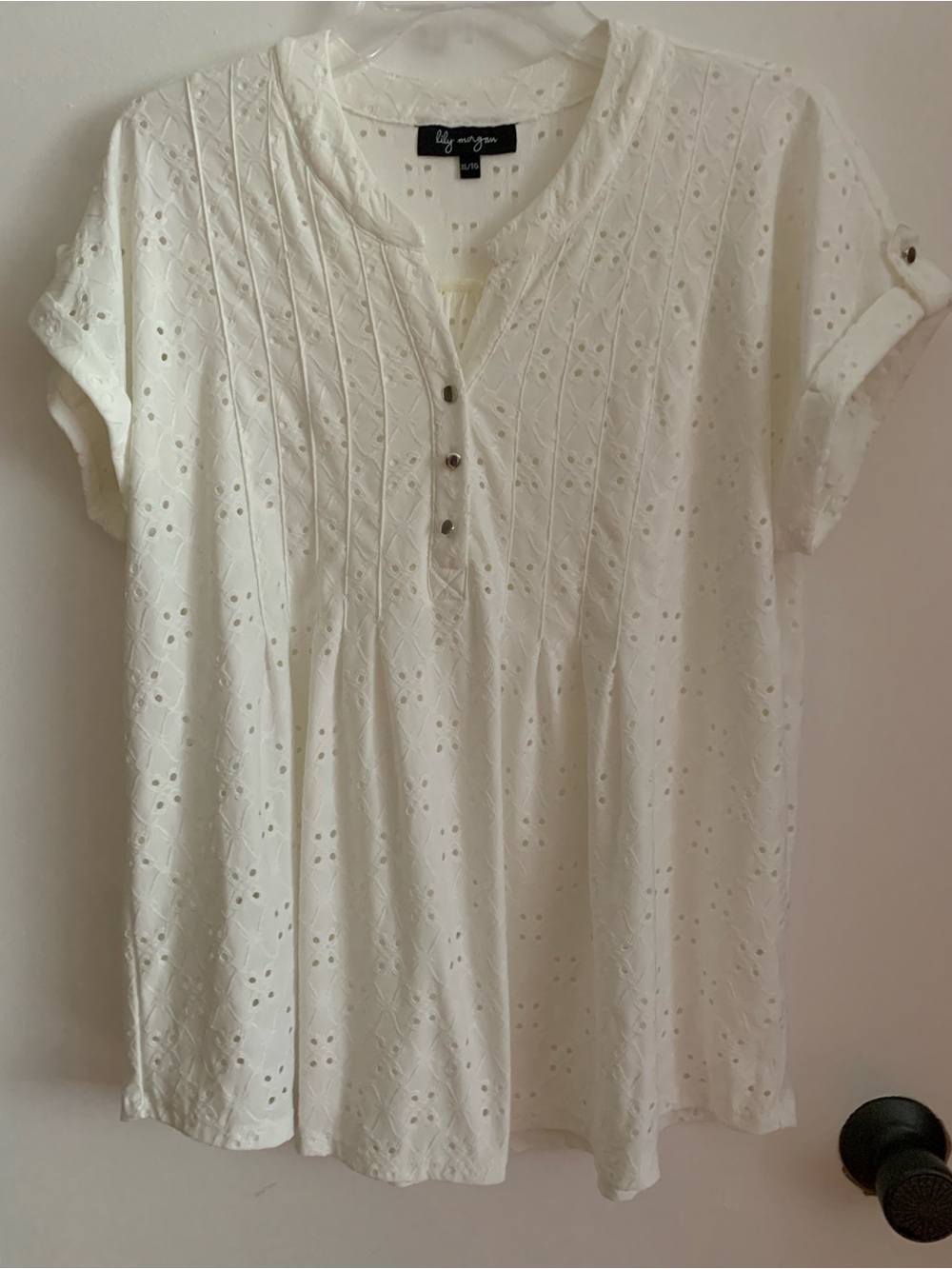 Lily Morgan , Women's White Eyelet Short Sleeve Blouse size XL